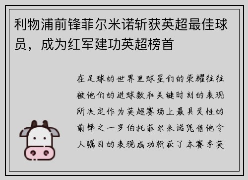 利物浦前锋菲尔米诺斩获英超最佳球员，成为红军建功英超榜首