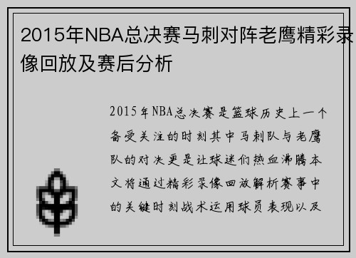 2015年NBA总决赛马刺对阵老鹰精彩录像回放及赛后分析